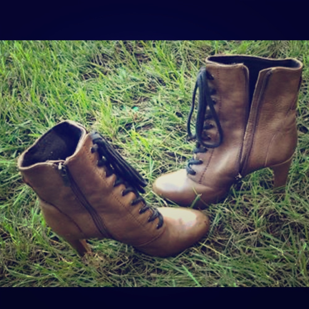 Brown leather high heel zip up booties with lace